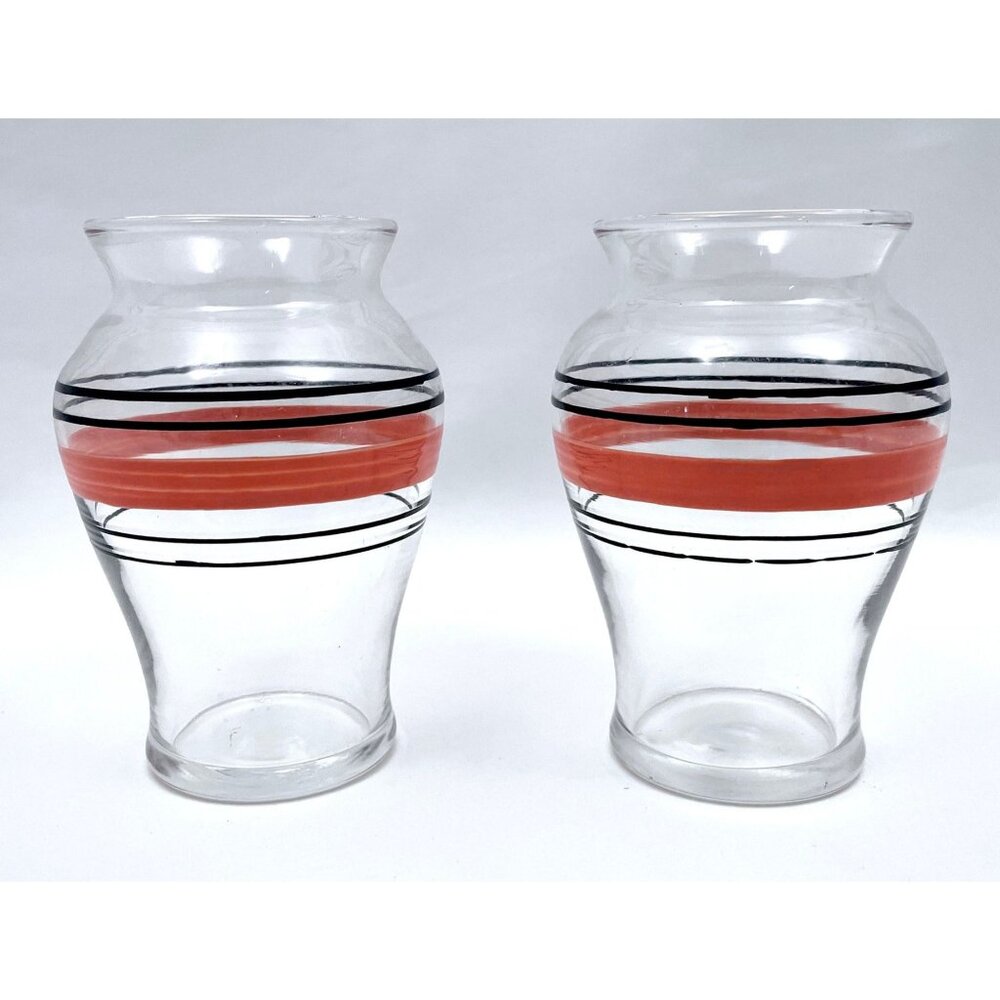 Vintage 1970s water / juice glasses, pink and black stripes, small pair